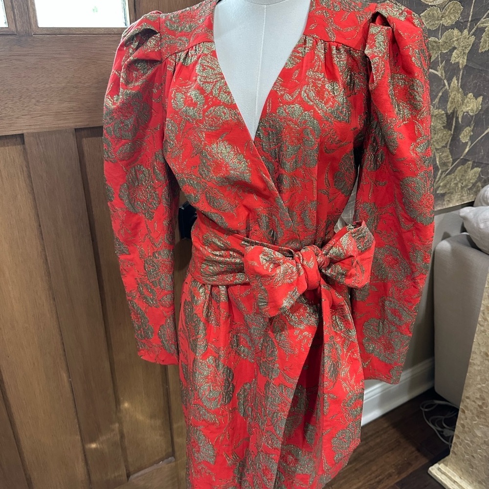 Happy x Nature Red & Gold Brocade Wrap Dress Size 8 Puff Sleeve Holiday - Picture 2 of 11